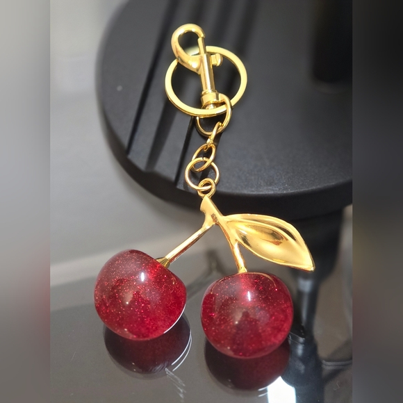 Cherry Bag charm/ Keychain with Gold Accents And Gold Leaf - Picture 1 of 3